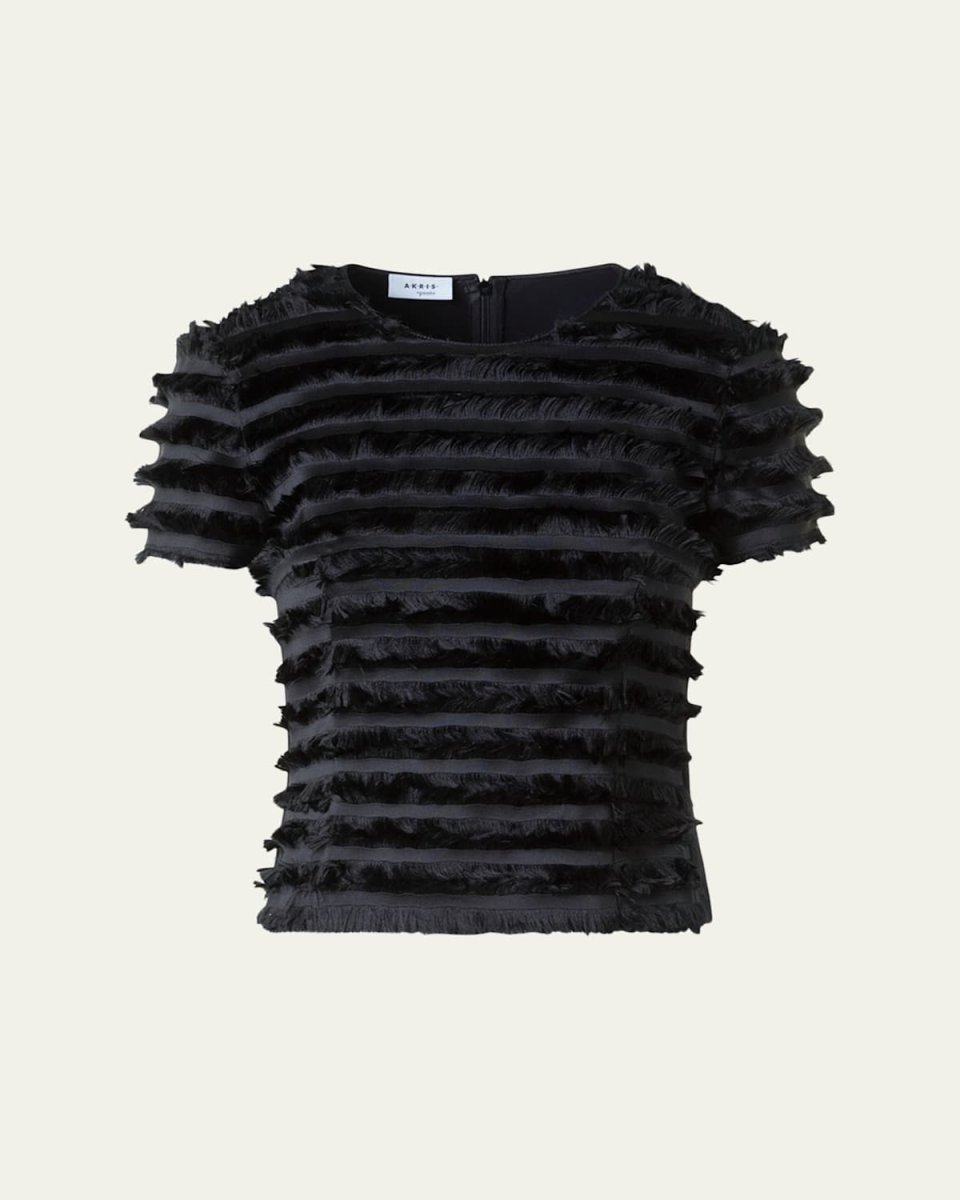 Striped Fringe Short-Sleeve Fitted Top